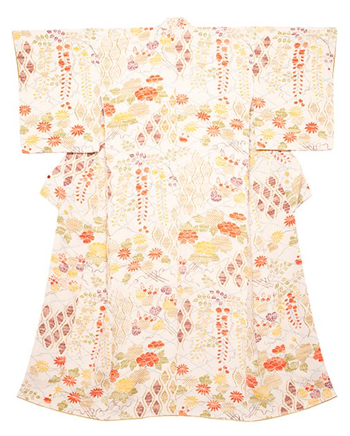 松皮菱に四季の花一方附小紋着物 多ち花製(m50270wi） 着物紹介