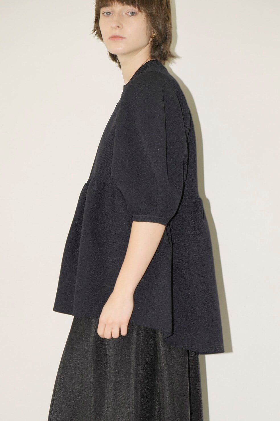 CLANE(クラネ) BALLOON SLEEVE GATHER KNIT TOPS NAVY | サウス