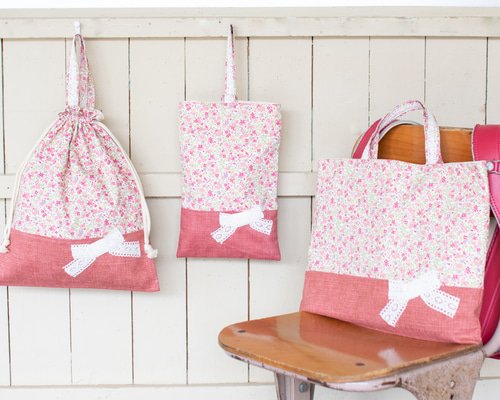 花柄＆リボンの入園入学 基本の3点セット：ピンク ｜レッスンバッグ