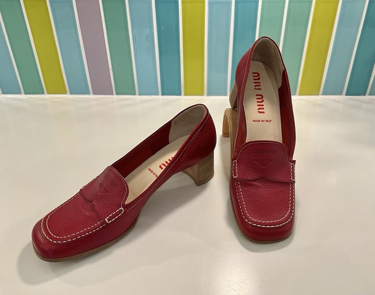 Vintage 1990's Miu Miu Stacked Heel Red Penny Loafer Shoes | eBay