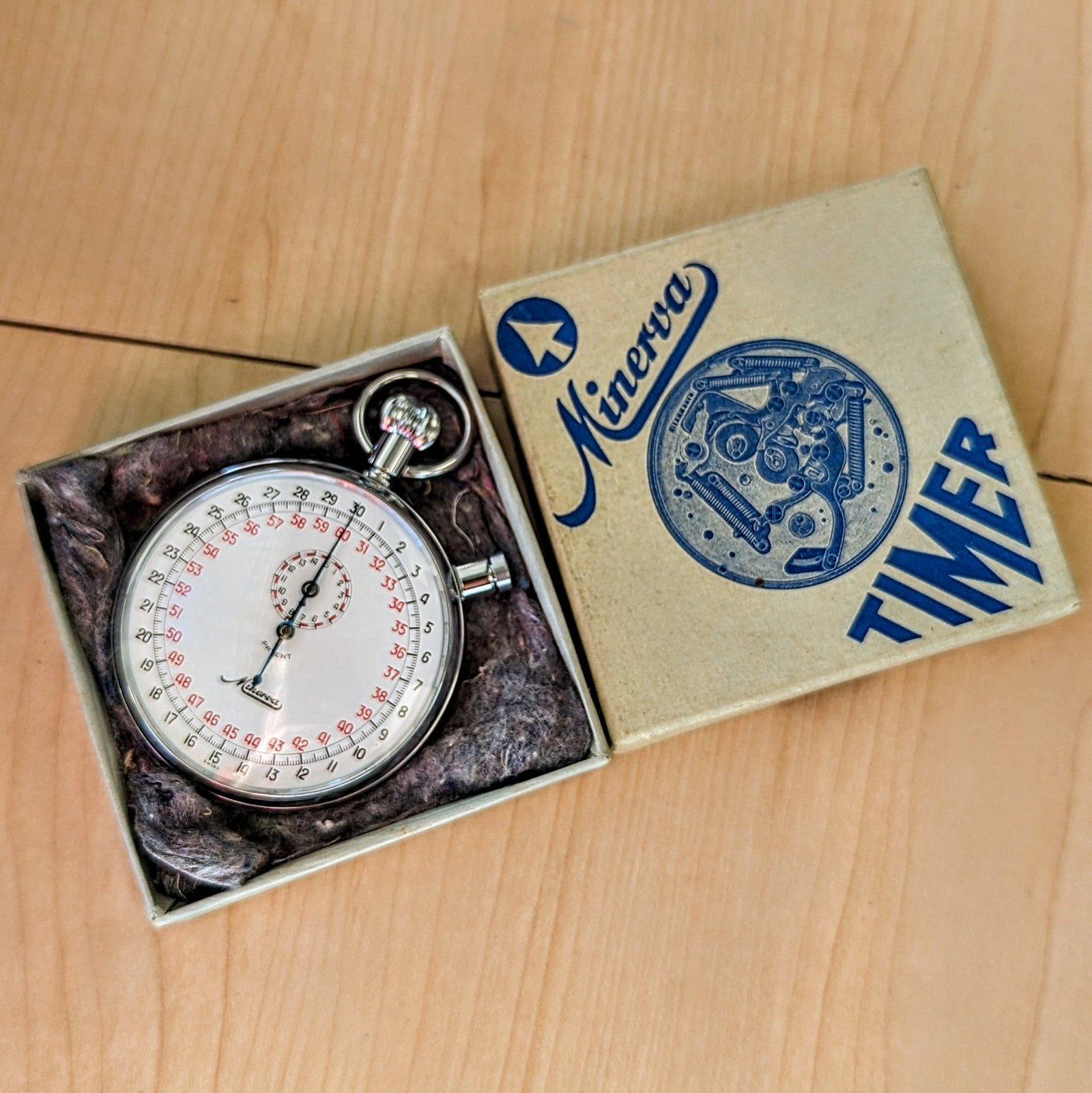 NOS MINERVA Patent Mechanical Stop Watch 1/10 Sec Swiss Made 7